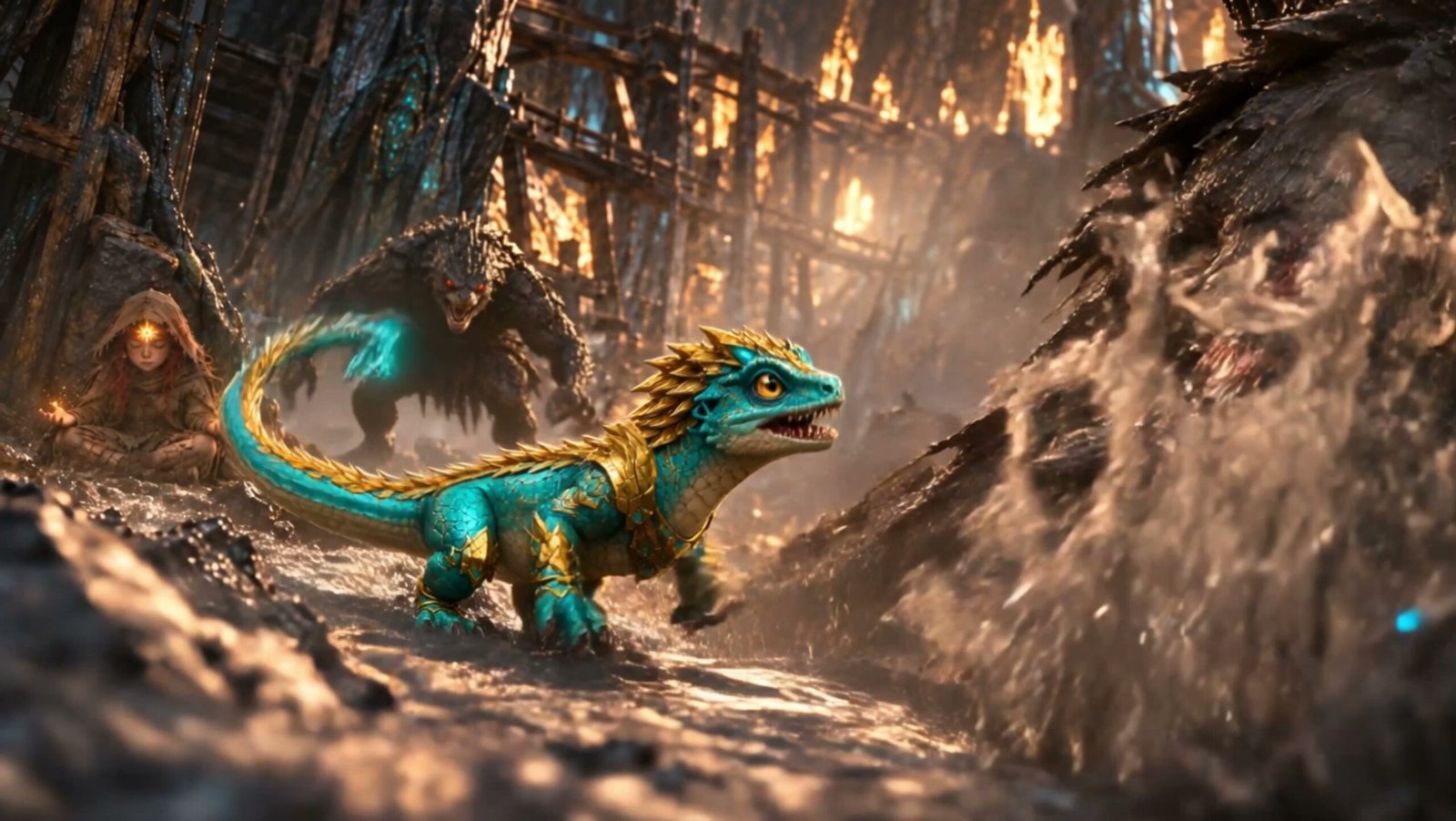 Rexi facing a monster in burning ruins from Episode 5